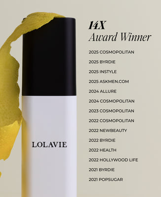 Lolavie skincare product with a list of awards on a beige background